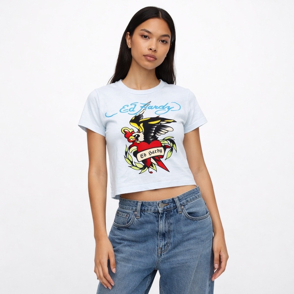 Y2K Ed Hardy Women Tattoo Heart Dagger Crop Tee M Y2K Biker Graphic Biker Rocker
